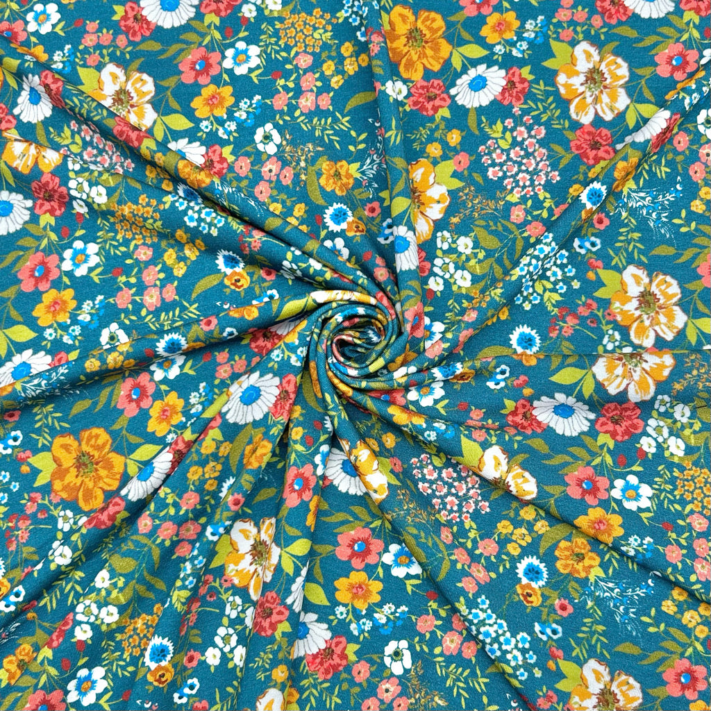 Gardens on Teal Viscose Jersey Fabric - Clearance
