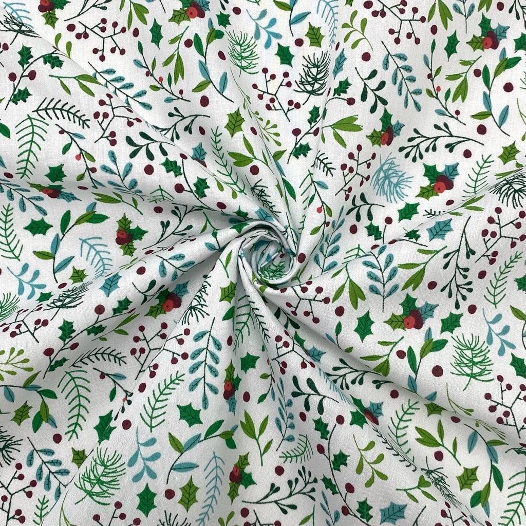 Mistletoe on White Polycotton Fabric - Pound Fabrics