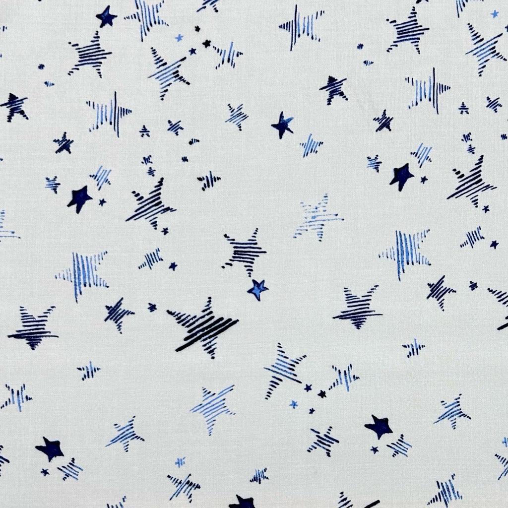 Blue Stars on White Viscose Challis Fabric - Pound Fabrics