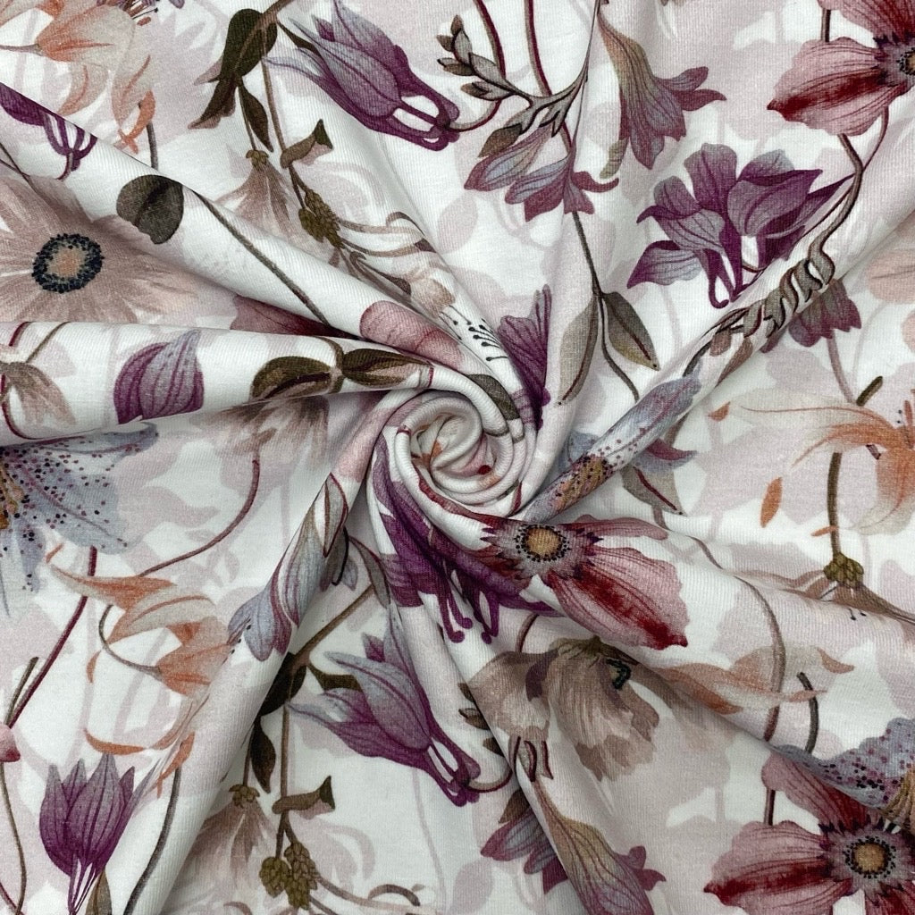 Flower Garden on White Organic Cotton Jersey Fabric