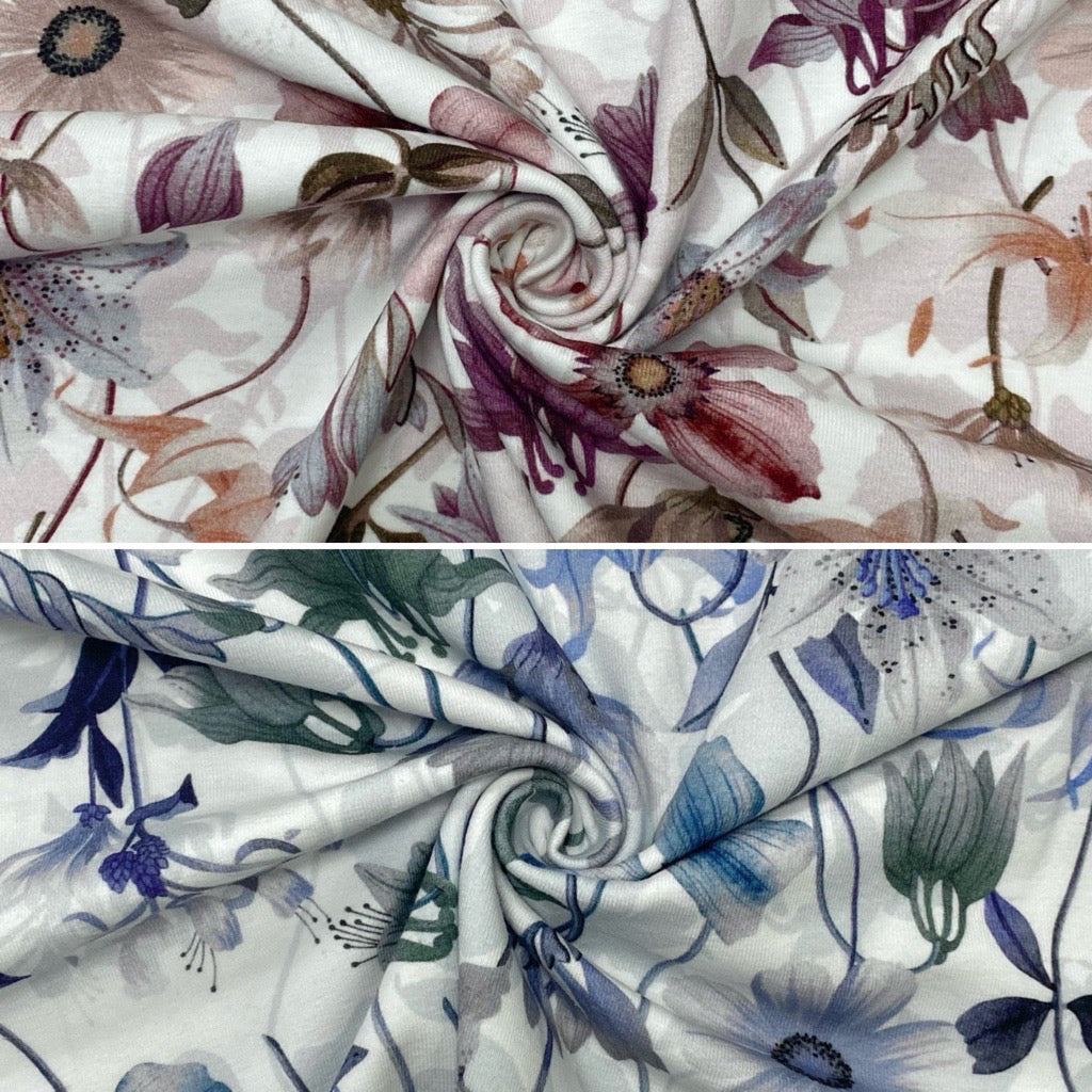 Flower Garden on White Organic Cotton Jersey Fabric