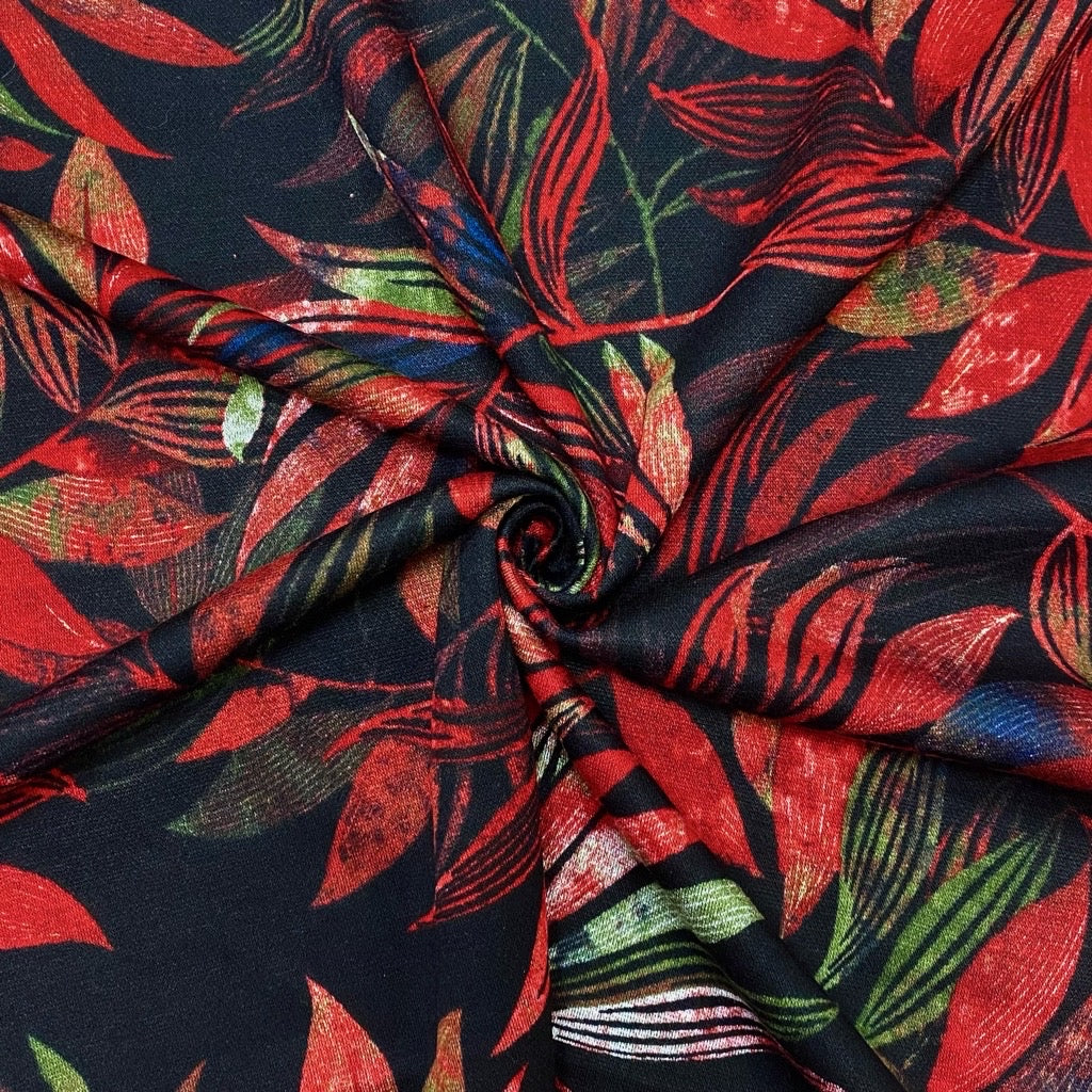 Multicoloured Leaves on Black Digital Modal-Touch Jersey Fabric