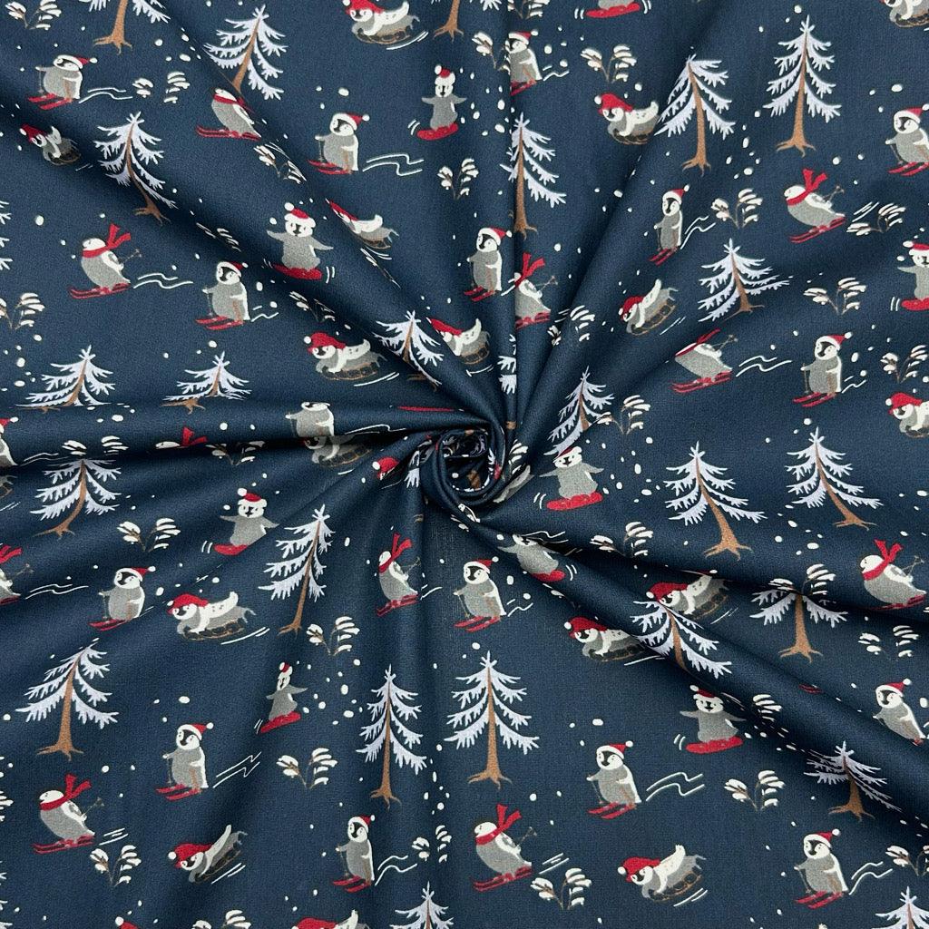 Skiing Christmas Penguins Cotton Poplin Fabric - Pound Fabrics