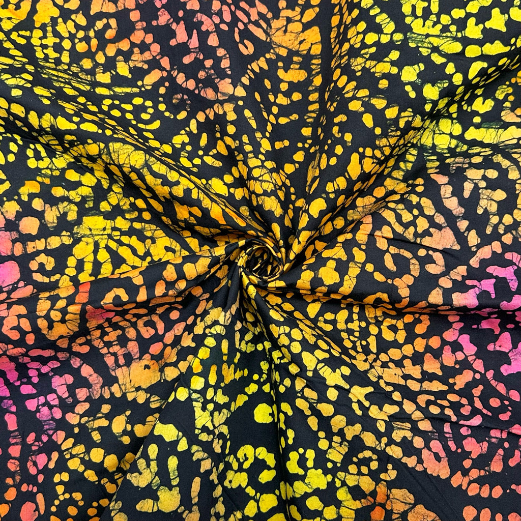 Leaves and Swirls on Black Cotton Batik Fabric