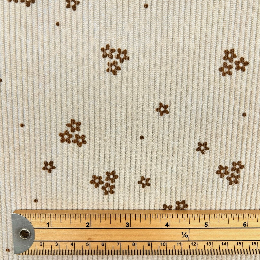Brown Flowers on Beige Stretch Corduroy Fabric