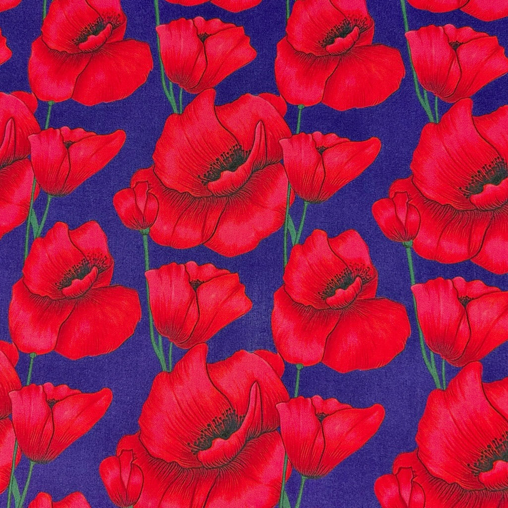 Red Blossom on Navy Viscose Fabric