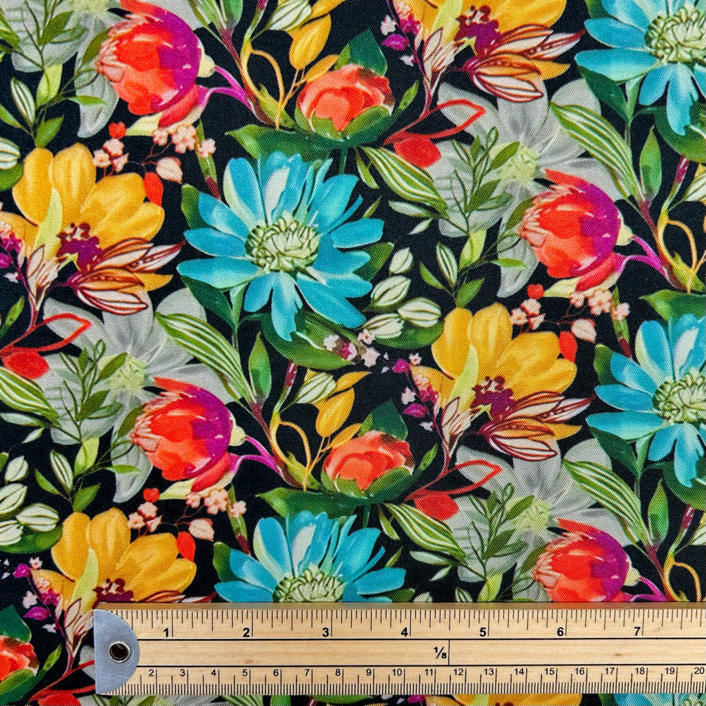 Botanical Garden on Black Viscose Twill Fabric