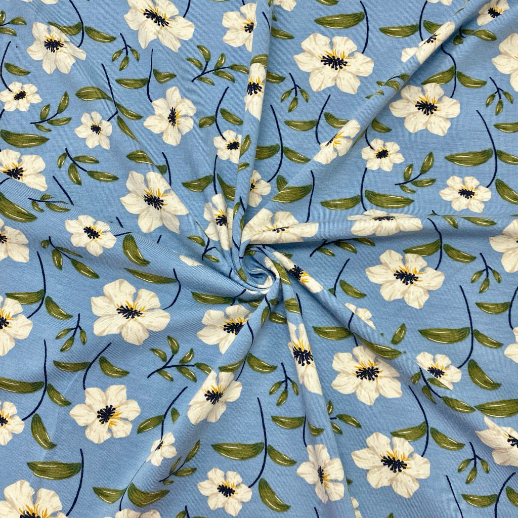 Lily Flowers on Blue Modal Jersey Fabric