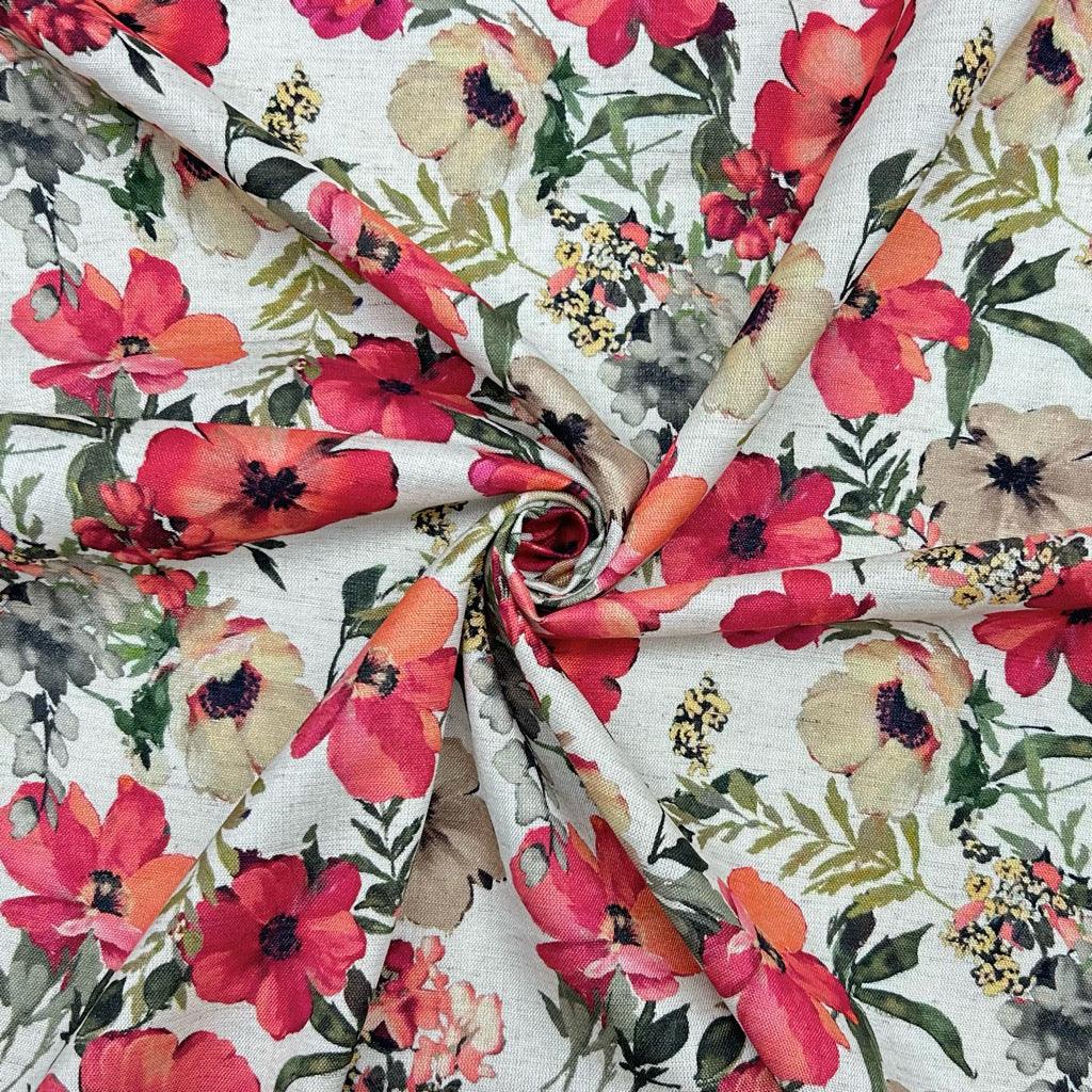 Pink Garden on Ivory Viscose Linen Fabric - Pound Fabrics