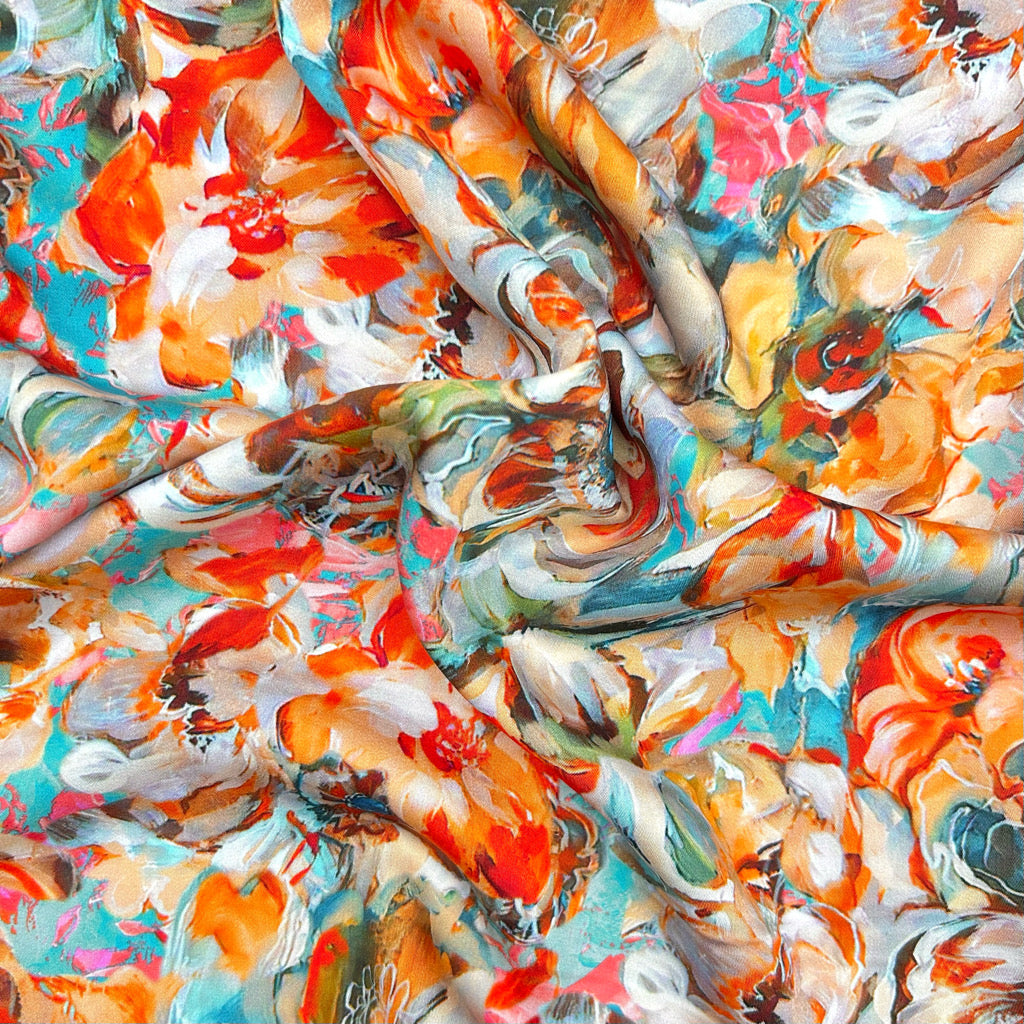 Brushstroke Blossoms Viscose Satin Fabric