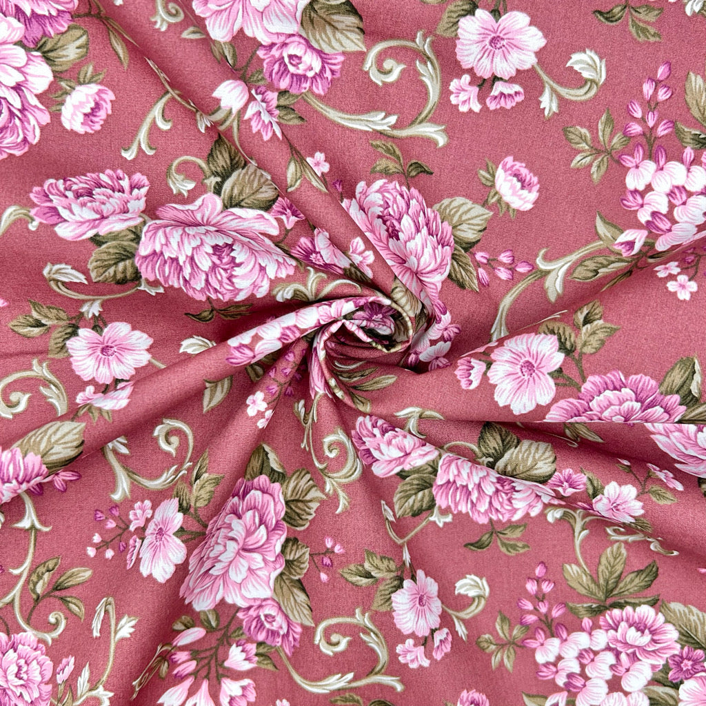 Floral Scroll Rose & Hubble Cotton Poplin Fabric