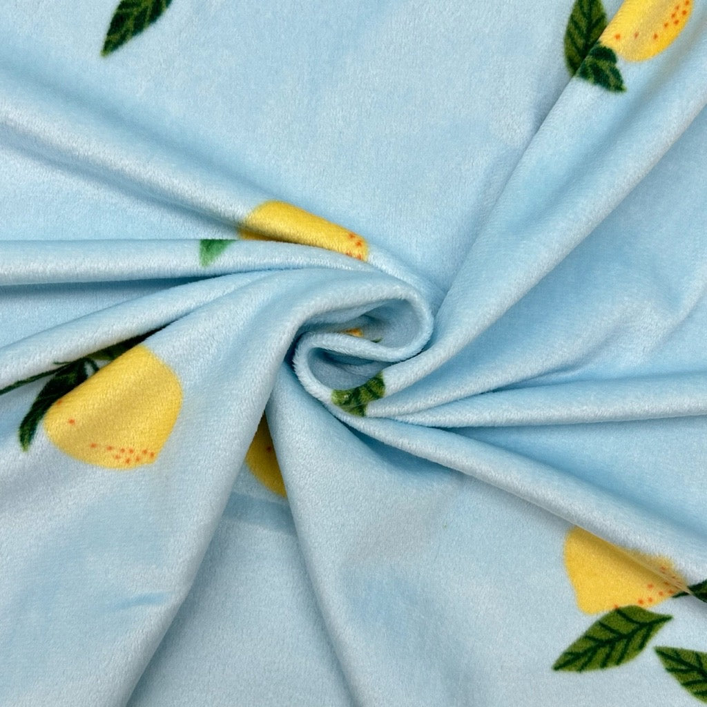 Lemons on Blue Fleece Jersey Fabric