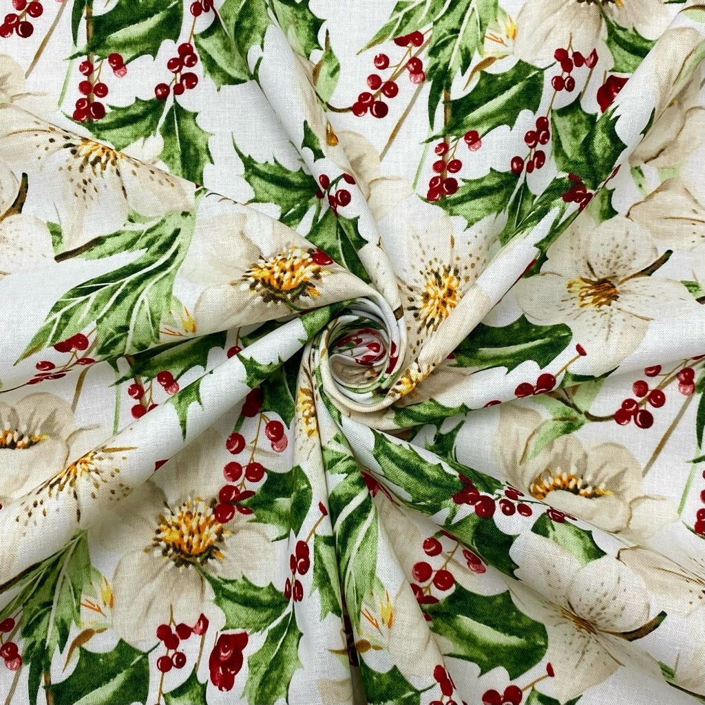 Large Magnolia &amp; Mistletoe on White Cotton Fabric