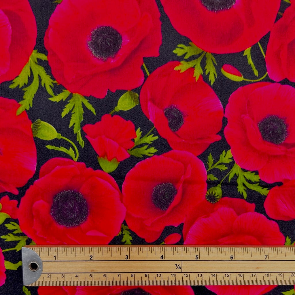 Water Floral on Black Viscose Satin Fabric