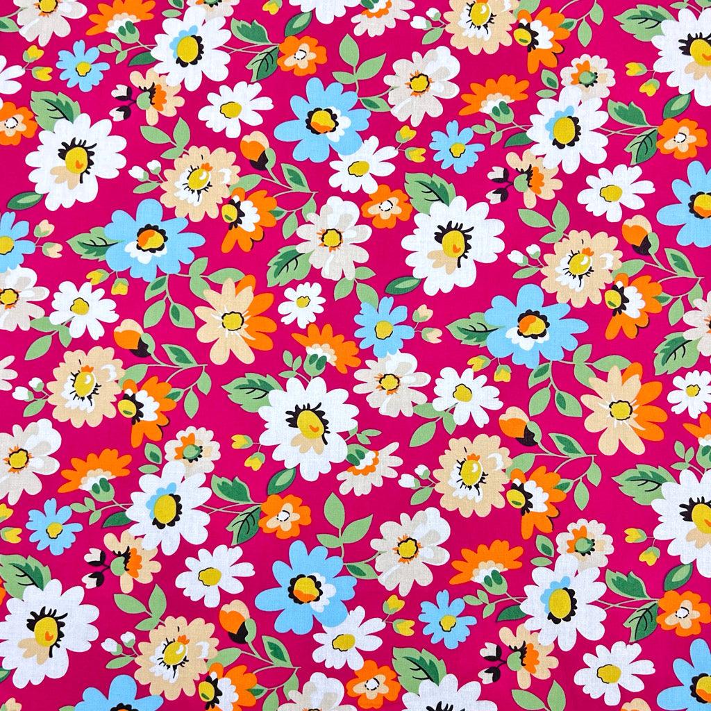 Blue, Orange and White Floral Cotton Poplin Fabric - Pound Fabrics