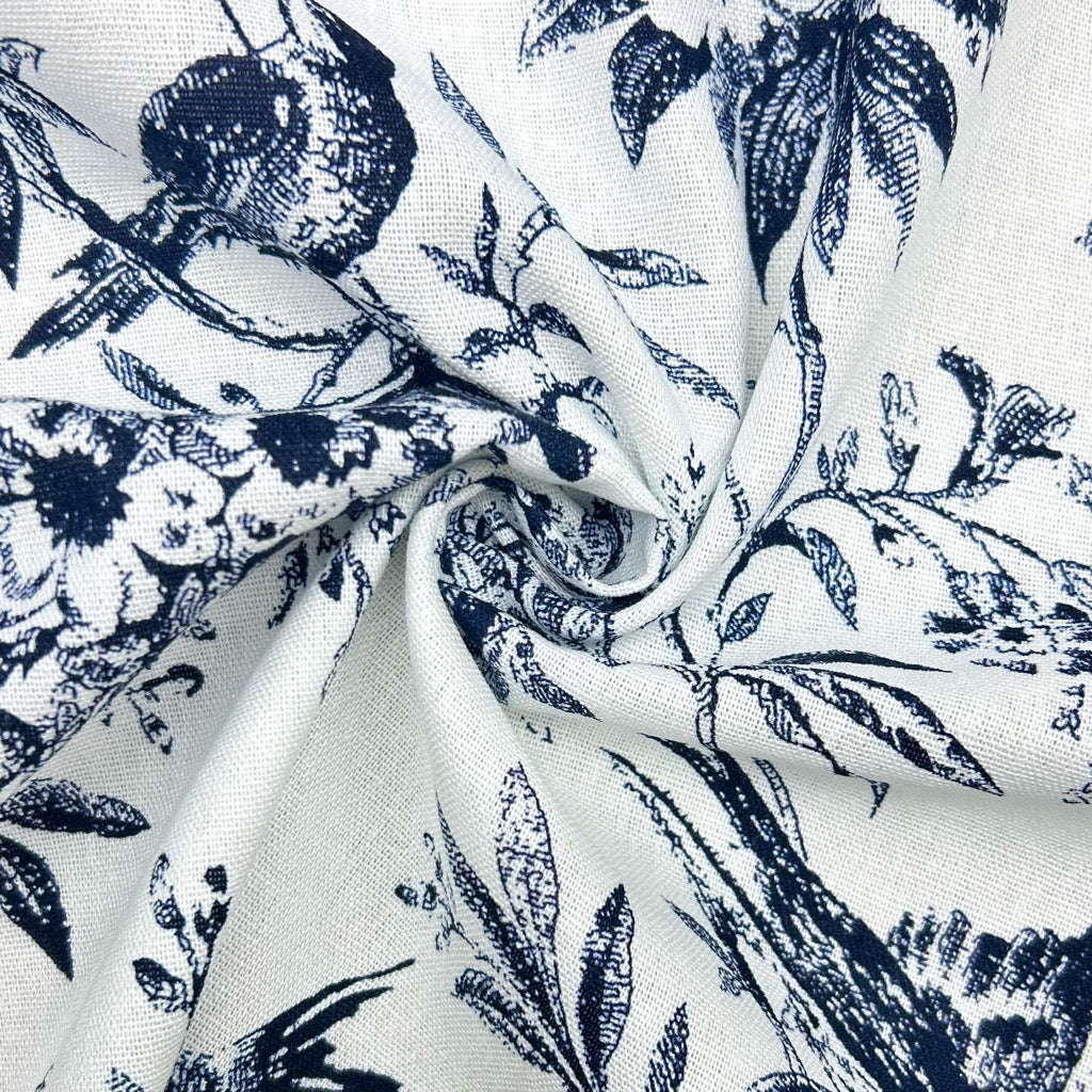 Vintage Birds and Flowers Viscose Linen Fabric