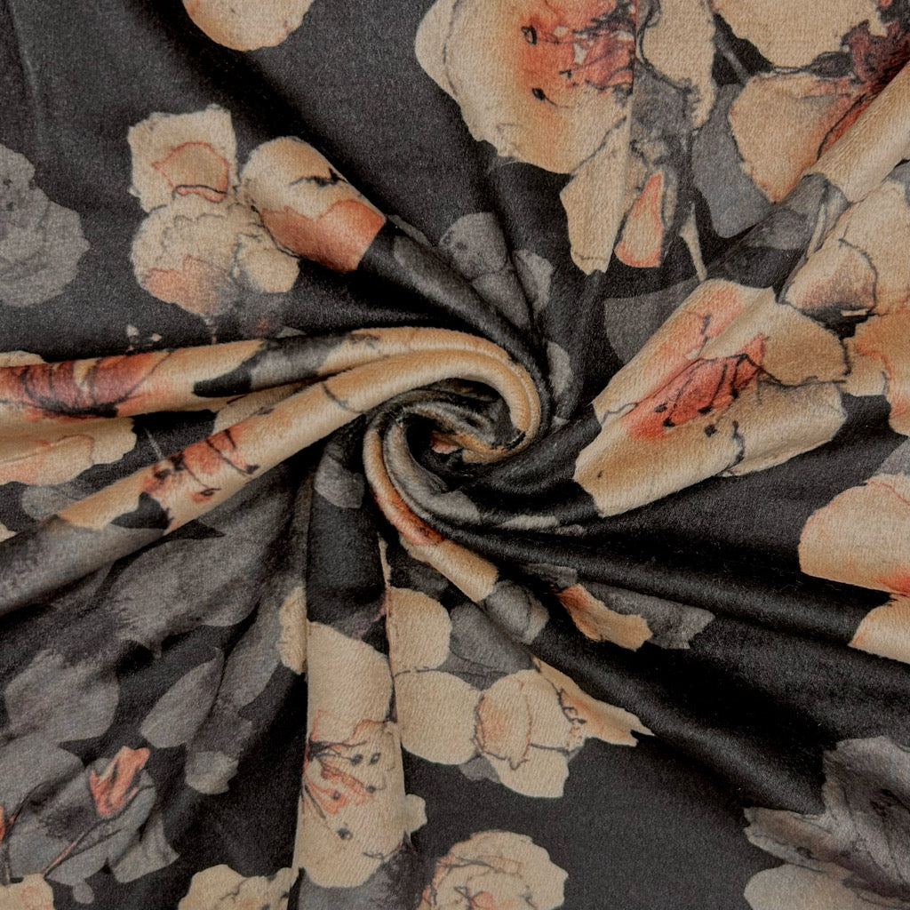 Cherry Bloom on Black Stretch Velvet Fabric