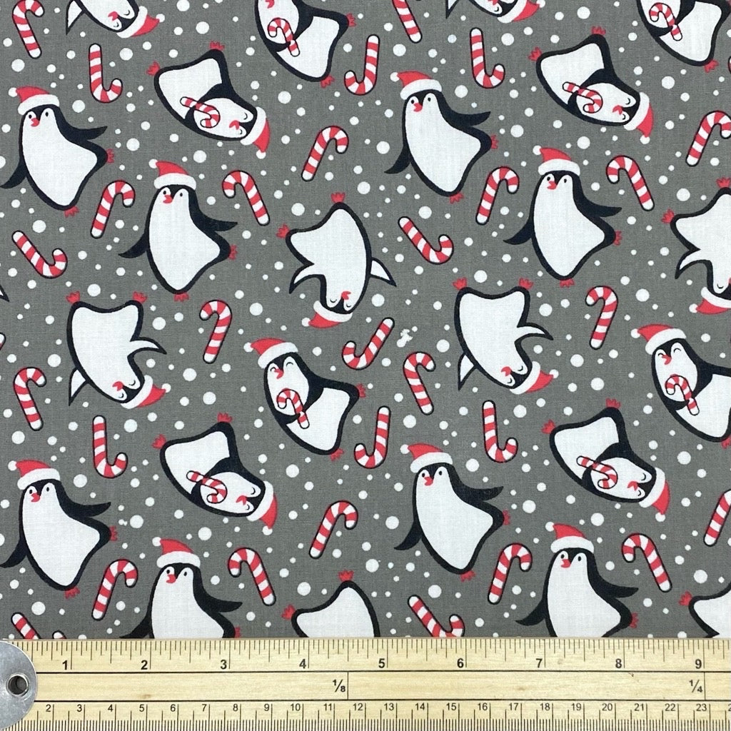 Xmas Penguins and Candy Cane on Grey Polycotton Fabric