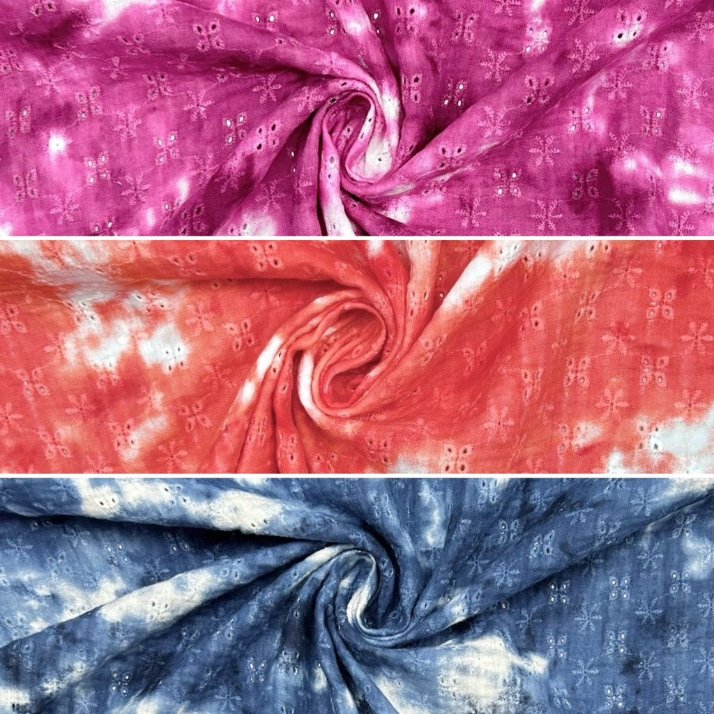 Tie-Dye Floral Embroidered Double Gauze Fabric - Pound Fabrics