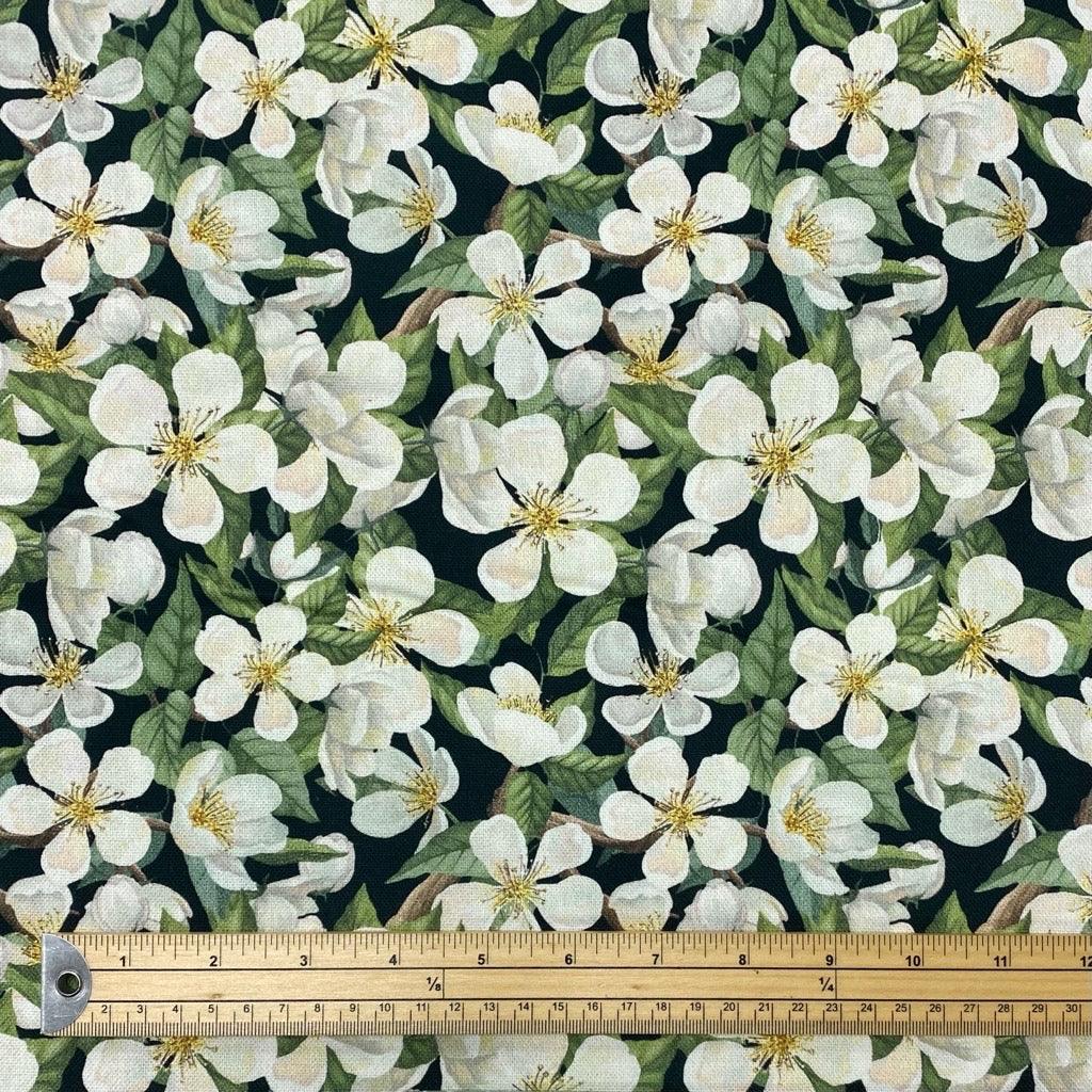 Ivory Blossom on Black Cotton Canvas Fabric - Pound Fabrics