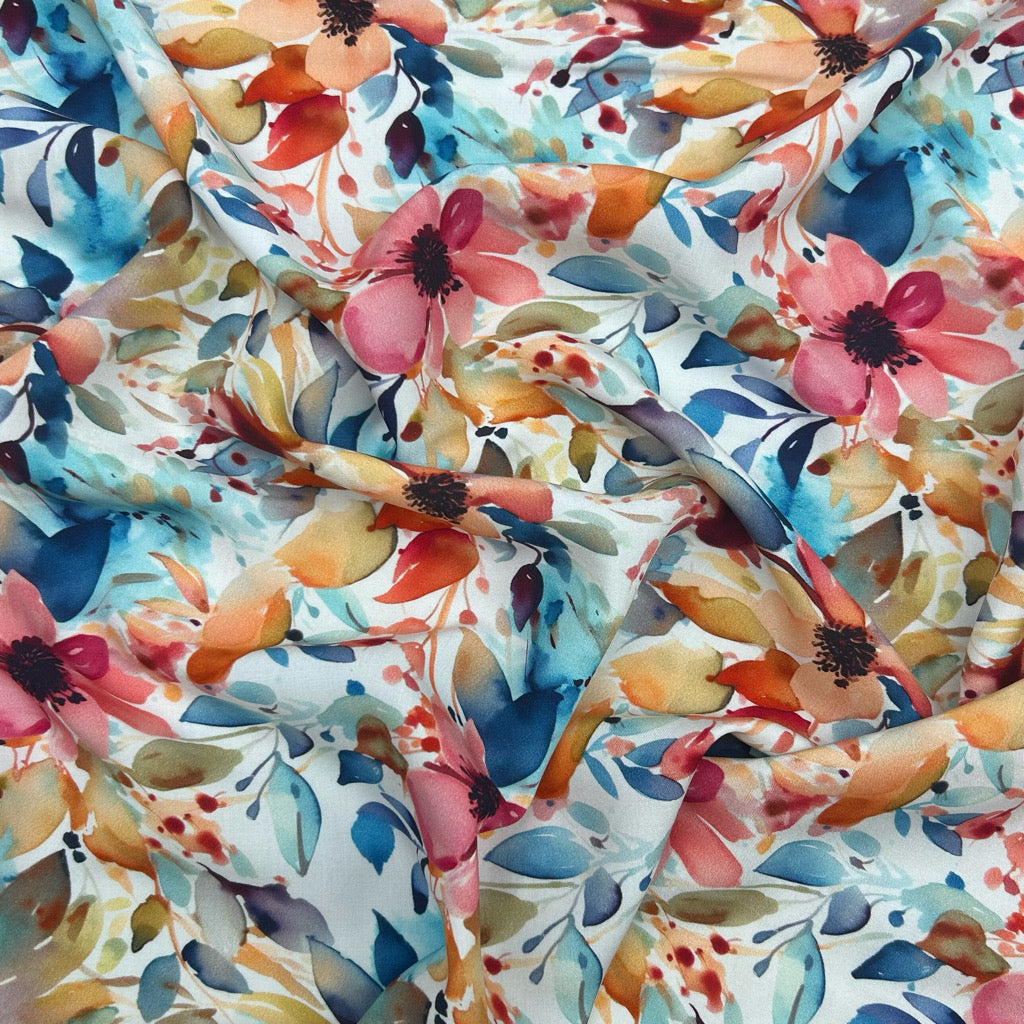 Multicoloured Meadow on White Viscose Challis Fabric