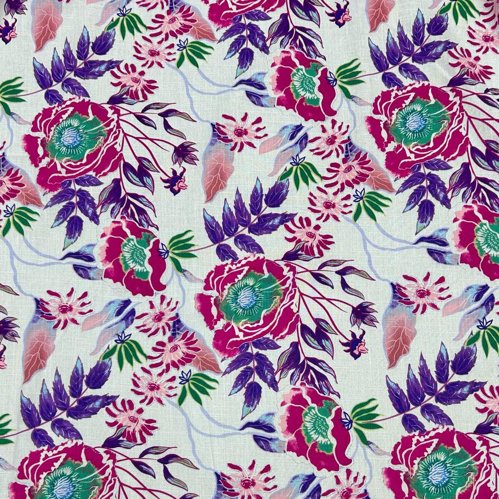 Bright Meadow on White Cotton Linen Fabric - Pound Fabrics