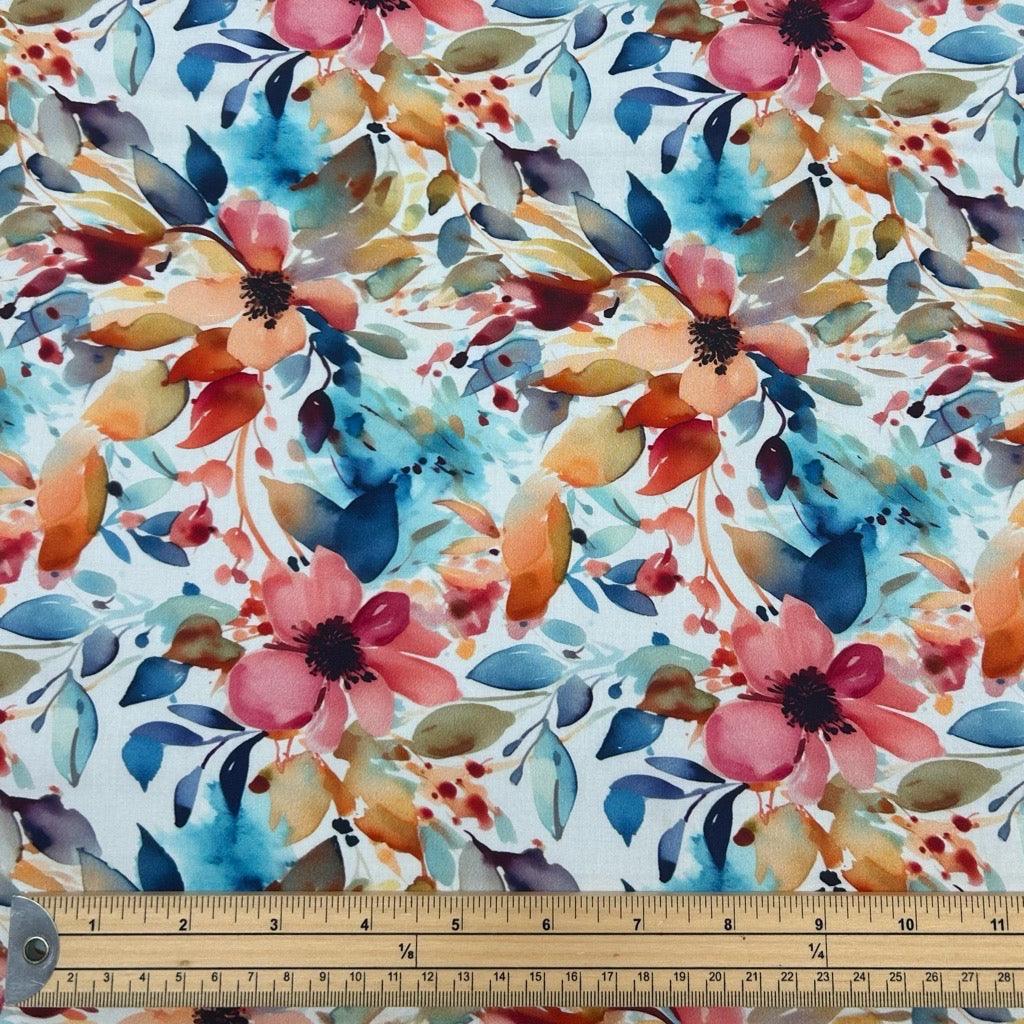 Multicoloured Meadow on White Viscose Challis Fabric