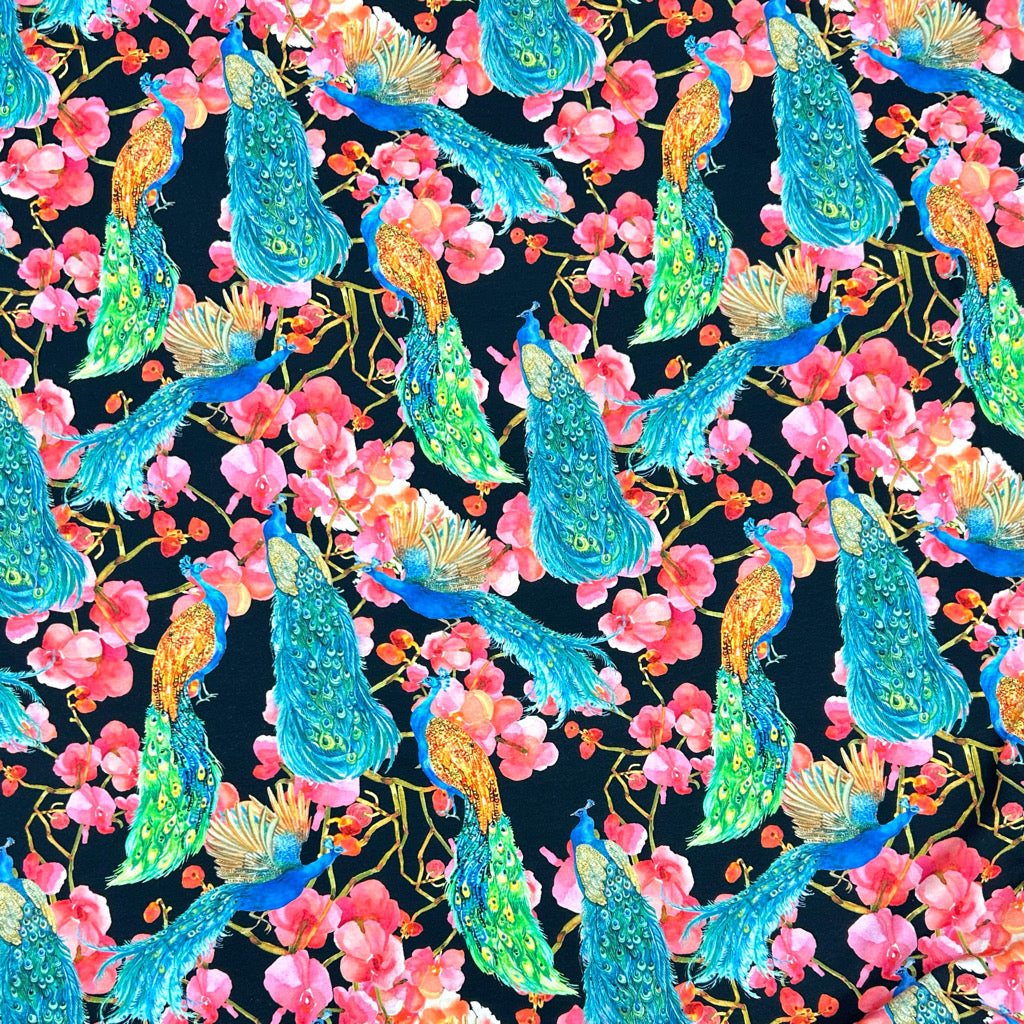 Peacock Blossom Cotton Jersey Fabric