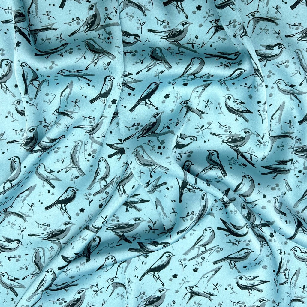 Birds on Blue Satin Fabric - Pound Fabrics