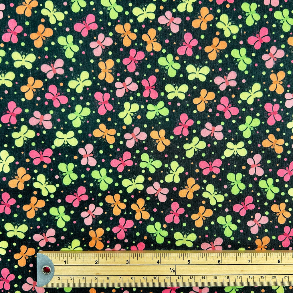 Butterfly Burst on Black Polycotton Fabric