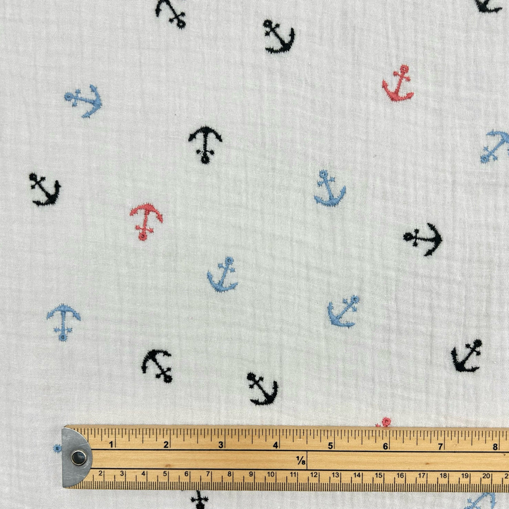 Embroidered Anchors on Ivory Double Gauze Fabric