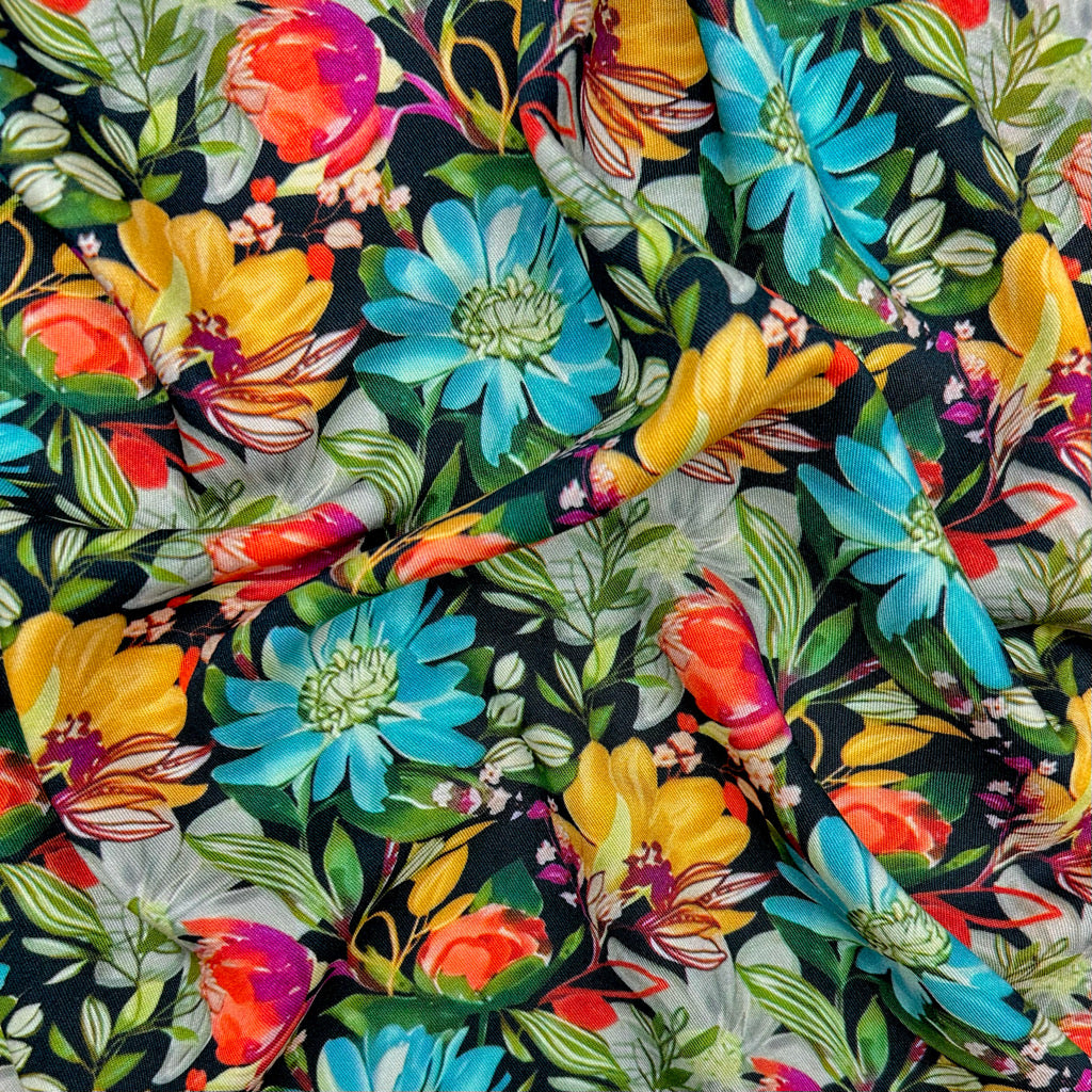Botanical Garden on Black Viscose Twill Fabric