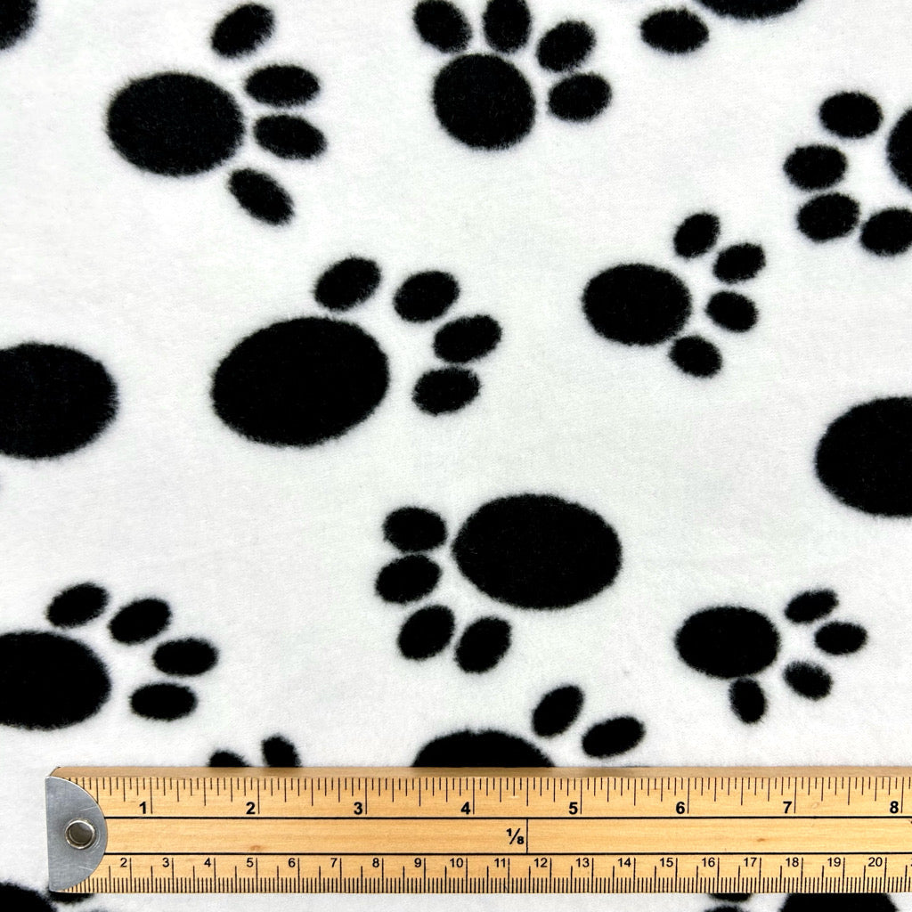 Black Paws on White Anti Pill Polar Fleece Fabric