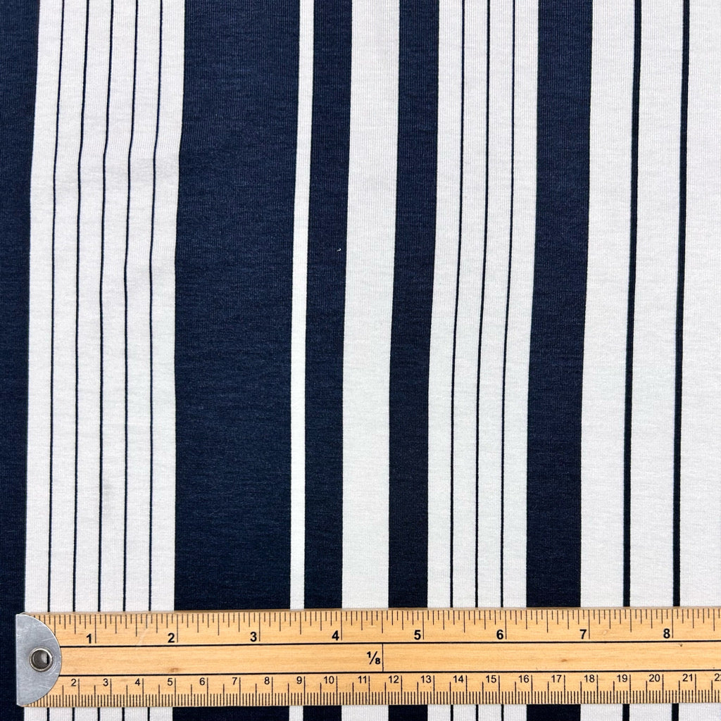Navy and White Striped Viscose Jersey Fabric