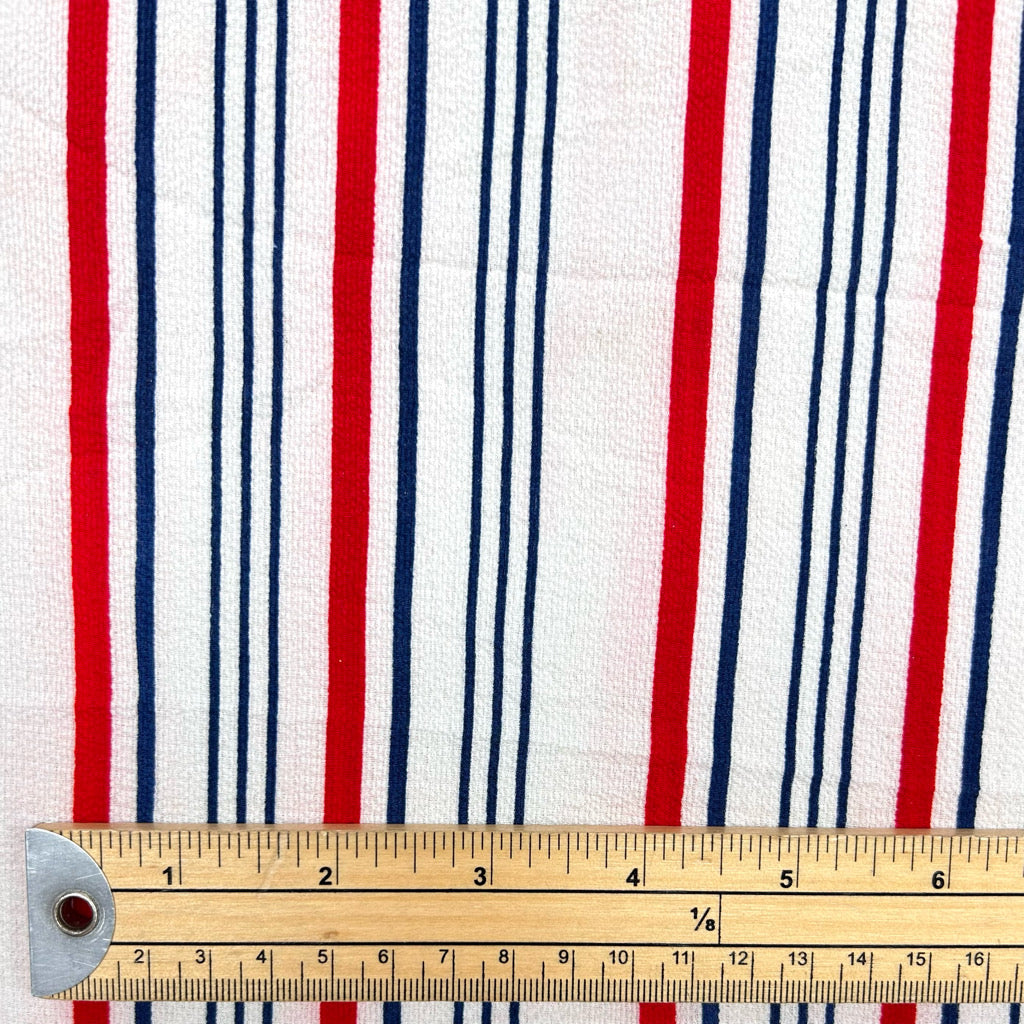 Red and Navy Stripe Polyester Crepe Fabric
