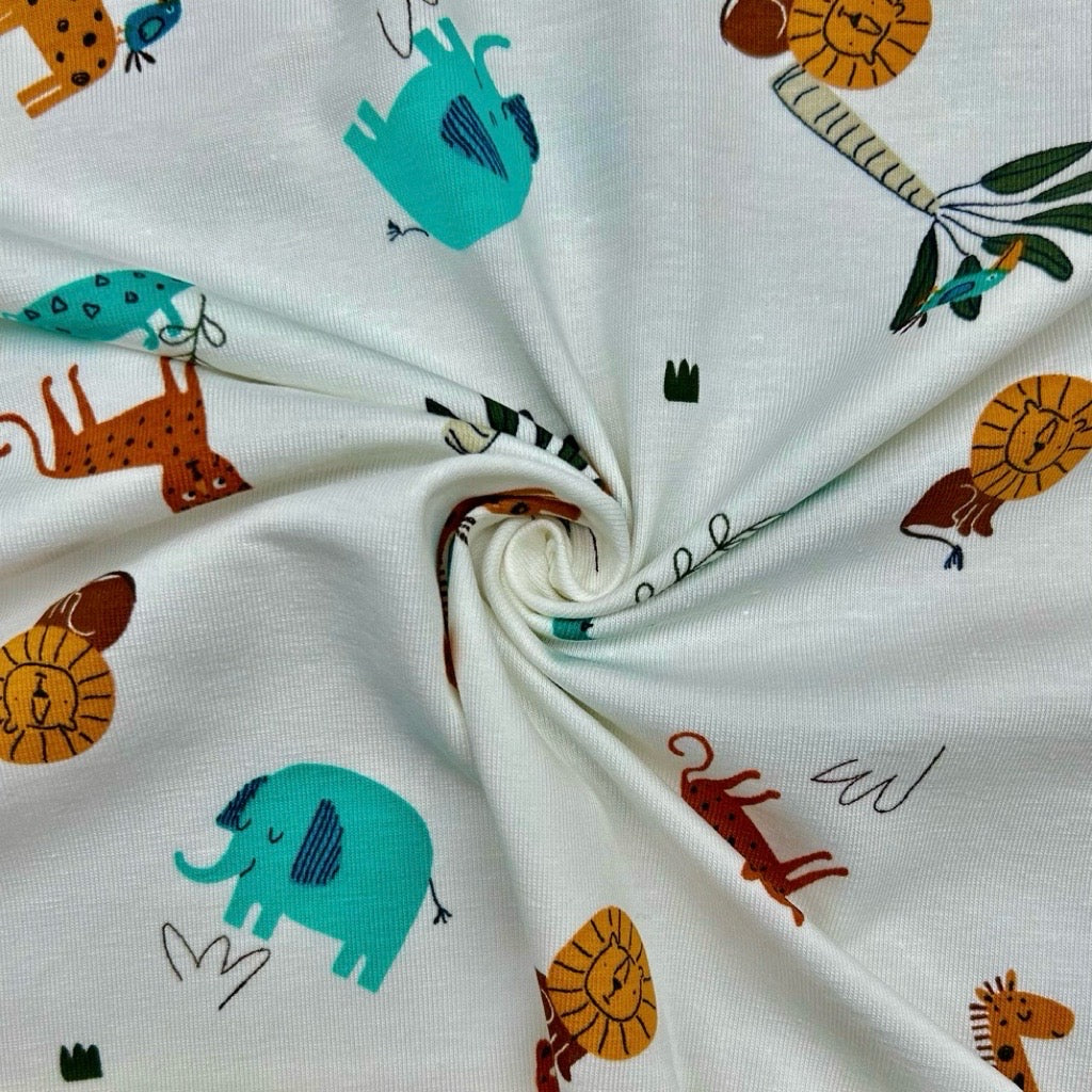 Jungle Animals on Ivory Cotton Jersey Fabric