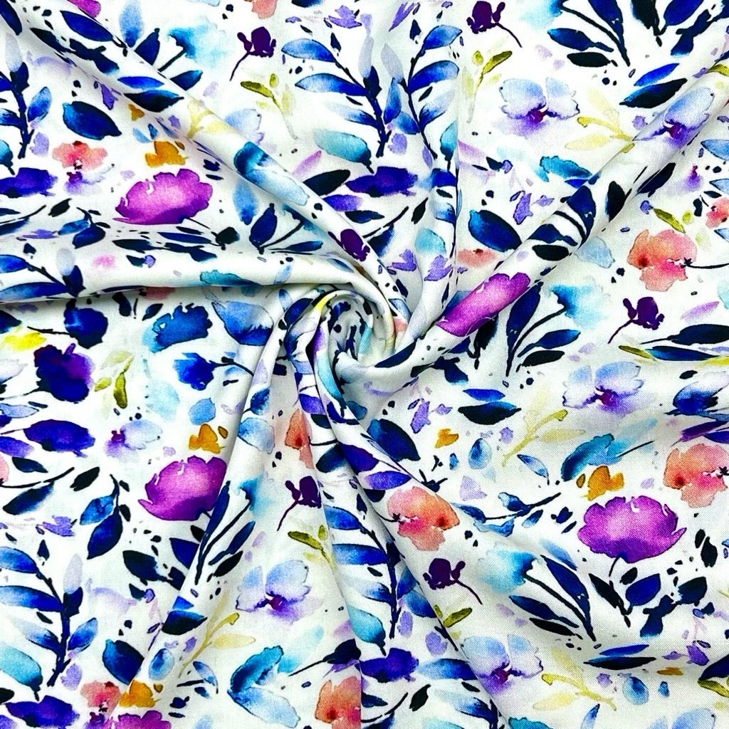 Purple Flowers on White Stretch Viscose Twill Fabric - Pound Fabrics