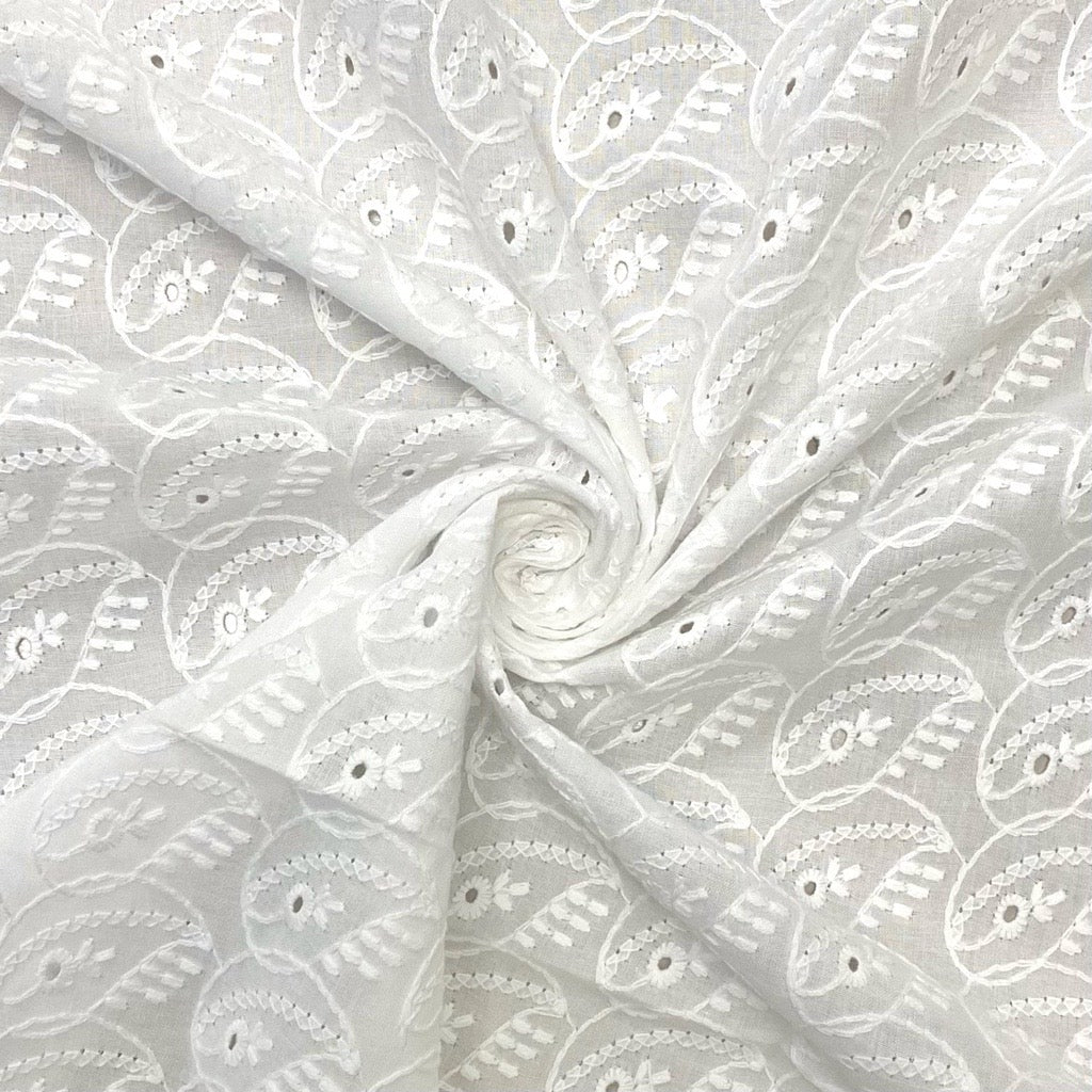 Flower Paisley White Embroidered Cotton Fabric #5