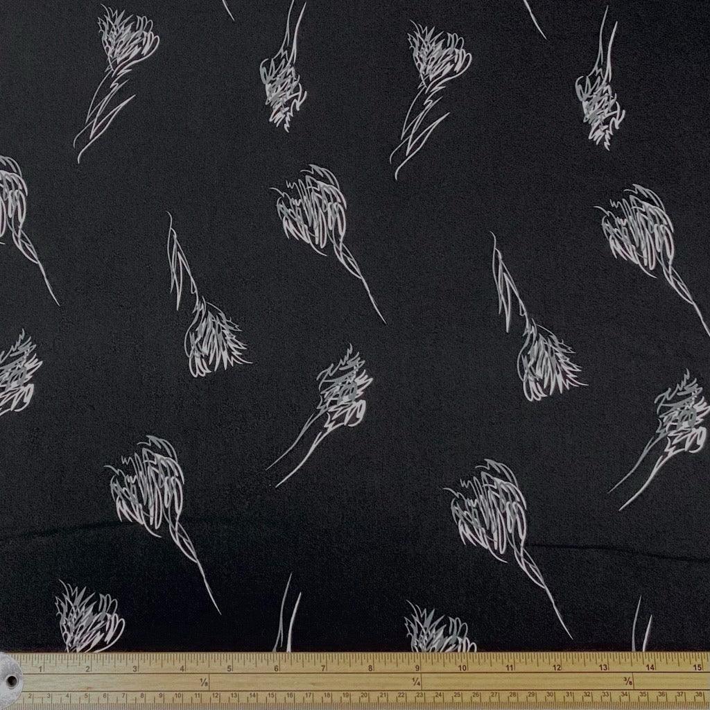 Grey and White Drawn Flowers on Black Satin Fabric