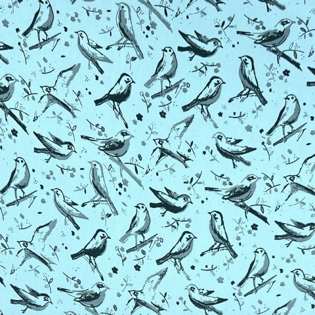 Birds on Blue Satin Fabric - Pound Fabrics