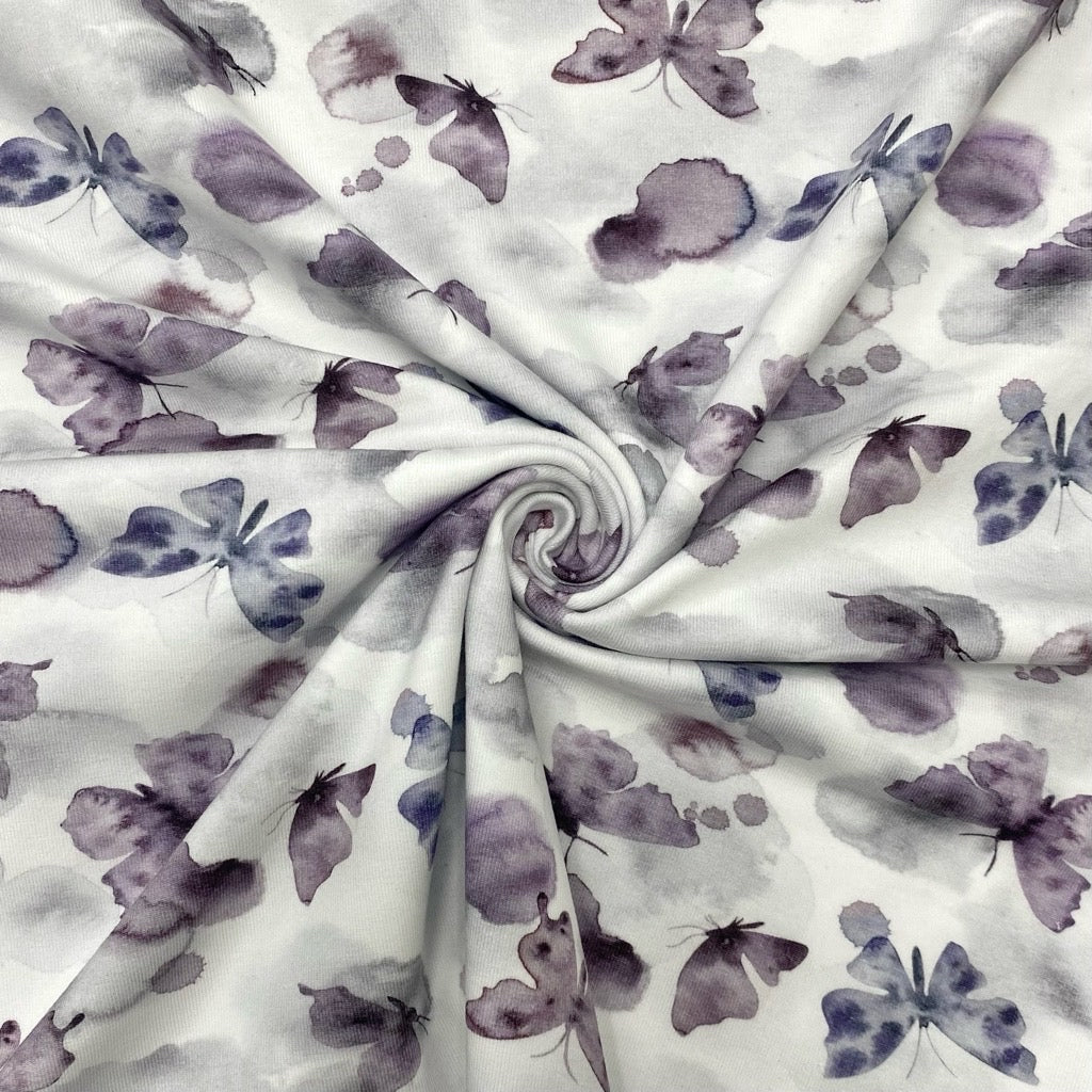 Butterflies on White Organic Cotton Jersey Fabric