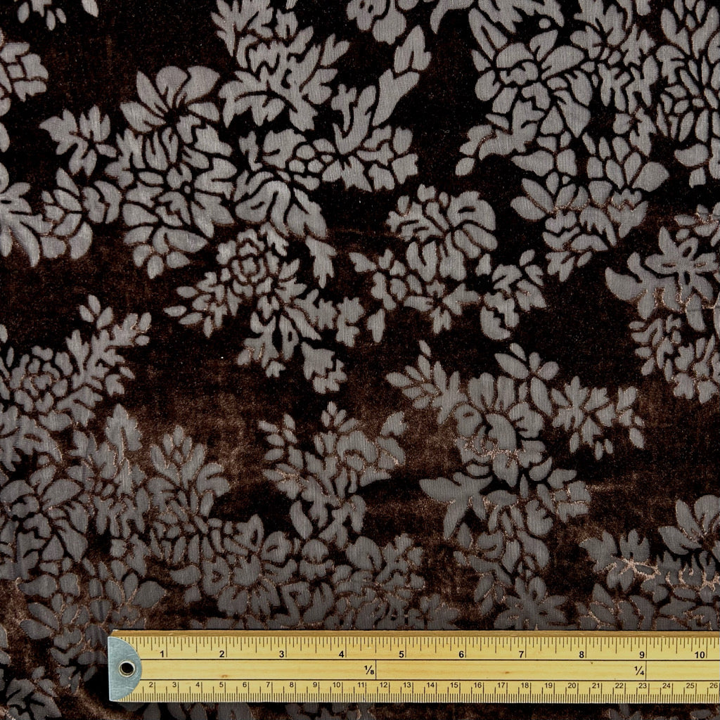Serene Bloom on Brown Burnout Velour Fabric