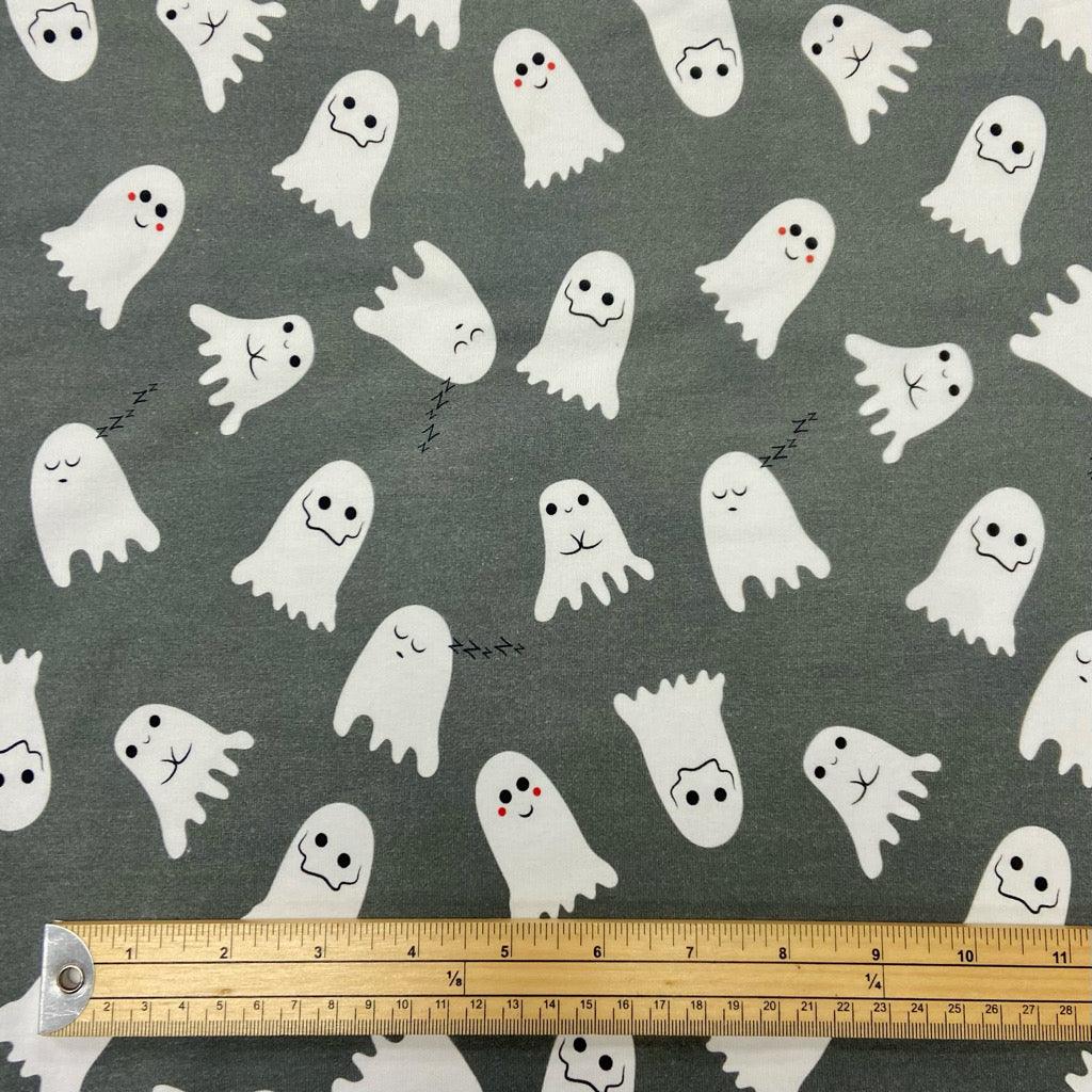 Ghosts on Grey Brushed Cotton Jersey Fabric - Pound Fabrics