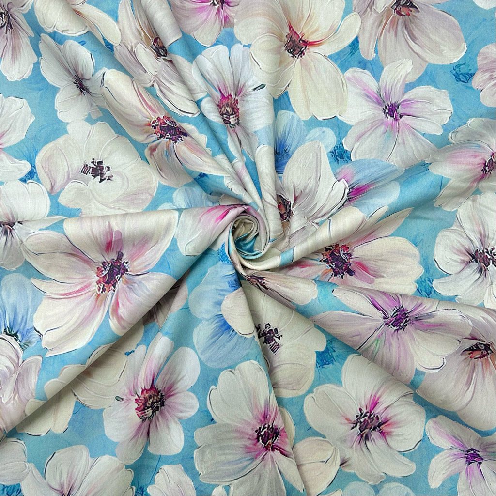 Beige Flowers Cotton Sateen Fabric