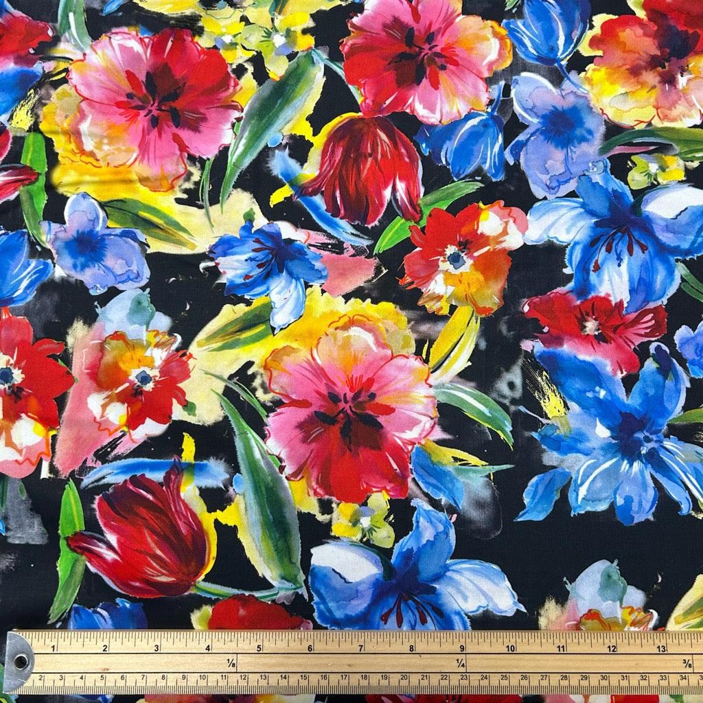 Wild Flowers on Black Cotton Sateen Fabric - Pound Fabrics