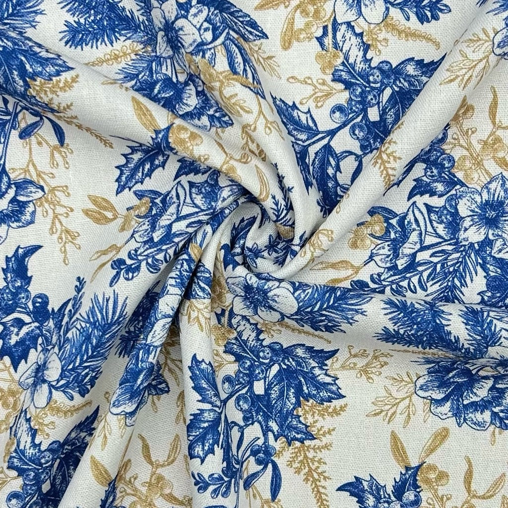 Blue Blossom Linen Mix Fabric