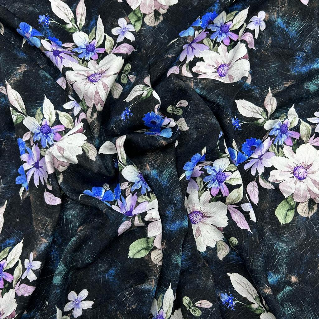 Large Flowers on Black Viscose Twill Fabric - Pound Fabrics