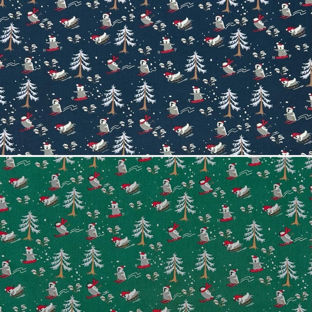 Skiing Christmas Penguins Cotton Poplin Fabric - Pound Fabrics