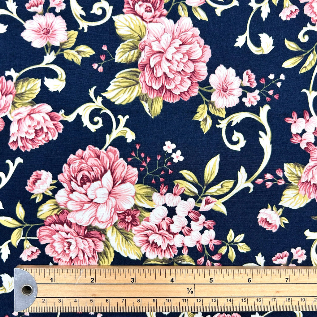 Floral Scroll Rose & Hubble Cotton Poplin Fabric
