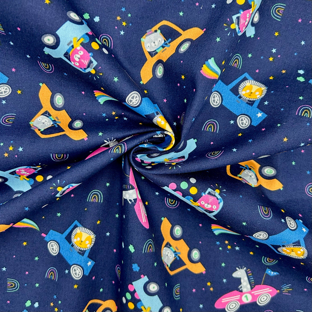 Animal Cars on Navy Rose & Hubble Cotton Poplin Fabric